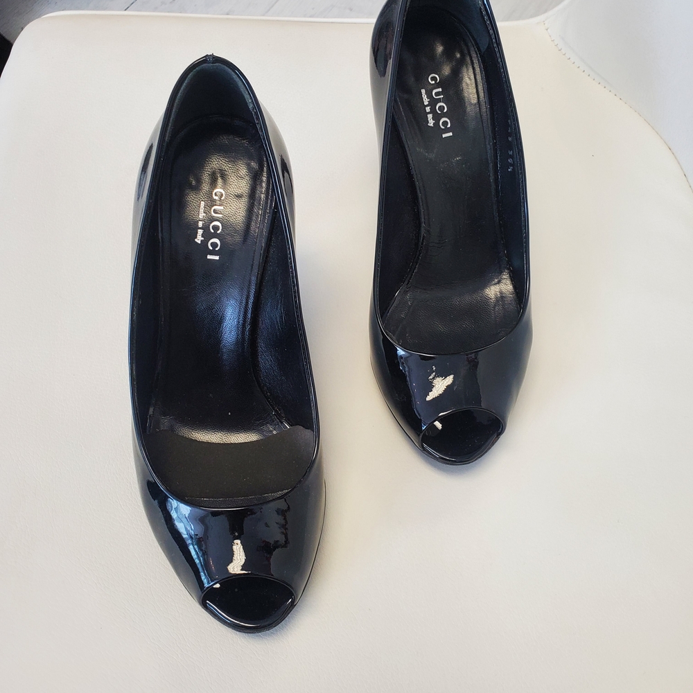 Gucci Glossy Black Peep Toe Heels